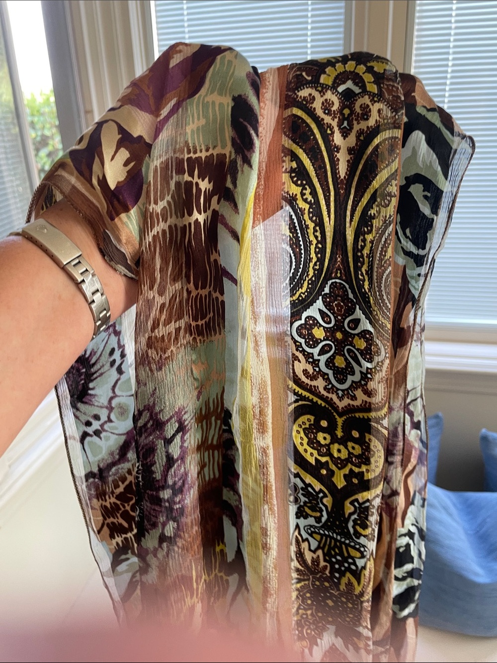 Nordstrom Brown and Yellow Sheer Patterned Scarf with Purple Accents